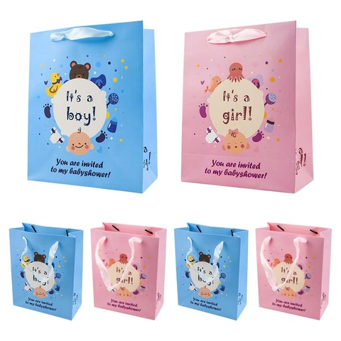Baby Shower Paper Gift Bags And Boxes Cartoon Animals Printed Treat Bags With Ribbons For Boys Girls Birthday Party Favors