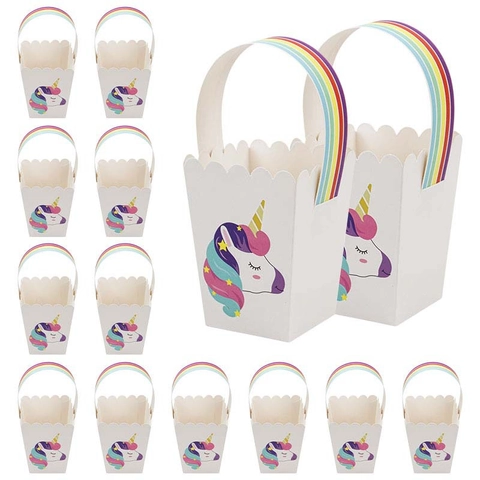 Unicorn Theme Party Gift Bags White Card Paper Rainbow Handle Wave Edge Cute Candy Boxes For Kids Birthday Celebration