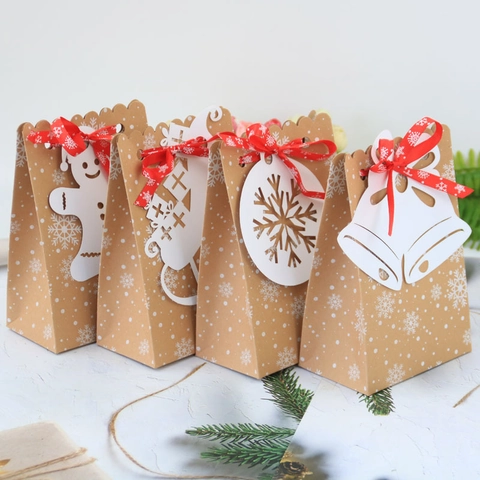 Bolsas de Regalo de Papel Kraft de Navidad Con Patrones de Copos de Nieve Cintas Rojas Etiquetas Blancas Para Dulces Galletas