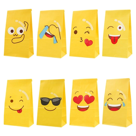Yellow Kraft Paper Gift Bags Emoji Expression Patterns Party Favors Treat Pouches For Birthday Celebration Candy Snacks