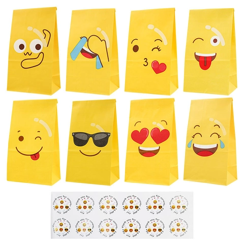 Yellow Kraft Paper Gift Bags Emoji Expression Patterns Party Favors Treat Pouches For Birthday Celebration Candy Snacks