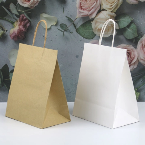 Kraft Paper Gift Bags With Twisted Handles Solid Color Square Bottom Portable Shopping Packaging For Wedding Party Retail