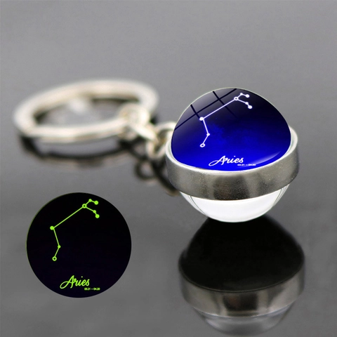 Luminous 12 Zodiac Sign Glass Ball Keychain Alloy Double Sided Night Light Pendant Constellation Birthday Jewelry Gift