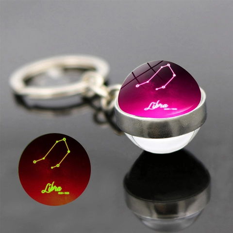 Luminous 12 Zodiac Sign Glass Ball Keychain Alloy Double Sided Night Light Pendant Constellation Birthday Jewelry Gift
