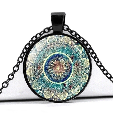Mandala Flower Yoga Time Gem Pendant Necklace Zinc Alloy Glass Clavicle Chain Bohemian Vintage Ethnic Art Jewelry Gift