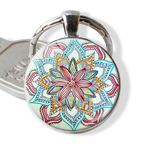 Porte-clés Vintage Yoga Mandala en Verre Cabochon Pendentif en Alliage de Zinc Motif Géométrique Artistique de Fleur Bijoux Cadeau Unisexe