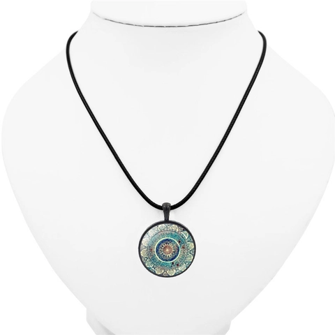 Mandala Flower Necklace Vintage Bohemian Glass Pendant Zinc Alloy Leather Rope Chain For Women Yoga Daily Party Jewelry Gift