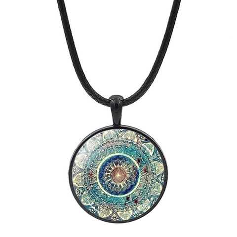 Mandala Flower Necklace Vintage Bohemian Glass Pendant Zinc Alloy Leather Rope Chain For Women Yoga Daily Party Jewelry Gift