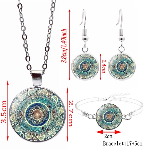 Mandala Yoga Necklace Bracelet And Stud Earrings Silver Plated Alloy Glass Cabochon Jewelry For Women Boho Ethnic Style
