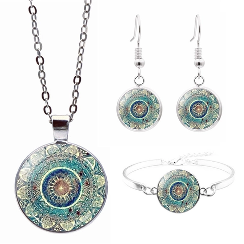 Mandala Yoga Necklace Bracelet And Stud Earrings Silver Plated Alloy Glass Cabochon Jewelry For Women Boho Ethnic Style