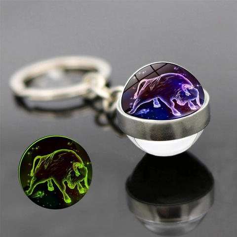 12 Constellations Luminous Keychain Zinc Alloy Glass Ball Galaxy Starry Sky Zodiac Sign Bag Pendant For Men Women Birthday Gift