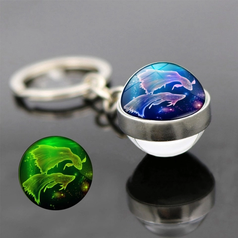12 Constellations Luminous Keychain Zinc Alloy Glass Ball Galaxy Starry Sky Zodiac Sign Bag Pendant For Men Women Birthday Gift