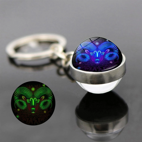 12 Zodiac Constellation Luminous Keychain Glow In The Dark Double Sided Glass Ball Zinc Alloy Keyring Bag Pendant Gift