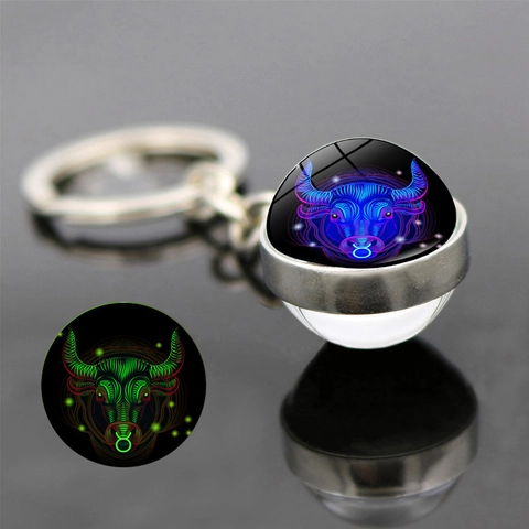 12 Zodiac Constellation Luminous Keychain Glow In The Dark Double Sided Glass Ball Zinc Alloy Keyring Bag Pendant Gift