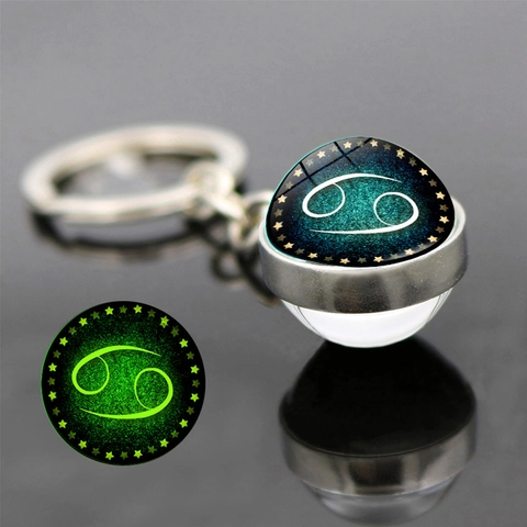 Porte Cles Constellation Du Zodiaque Lumineux Boule De Verre Double Face Alliage De Zinc Pendentif De Sac