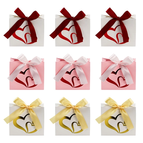 Romantic Gift Bags Paper Double Heart Cut-out Ribbon Bow Valentine's Day Wedding Party Favors Elegant Packaging