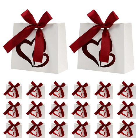 Romantic Gift Bags Paper Double Heart Cut-out Ribbon Bow Valentine's Day Wedding Party Favors Elegant Packaging
