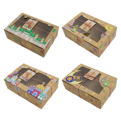 Ramadan Mubarak Confezioni Regalo In Carta Kraft Con Finestra Trasparente Motivo Stella Luna Etichette Corda Per Biscotti