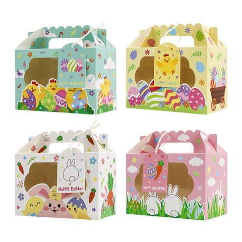 Boîtes Cadeau de Pâques Avec Fenêtre Poignée Poussin Lapin Œuf Motif Emballage Boîtes en Papier Carton pour Fête