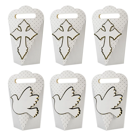 European Style Gold Foil Cross And White Dove Candy Box Handheld White Cardboard Gift Box For Wedding Baptism Party