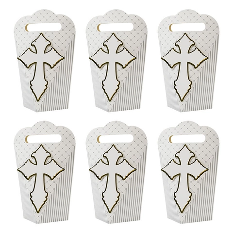 European Style Gold Foil Cross And White Dove Candy Box Handheld White Cardboard Gift Box For Wedding Baptism Party