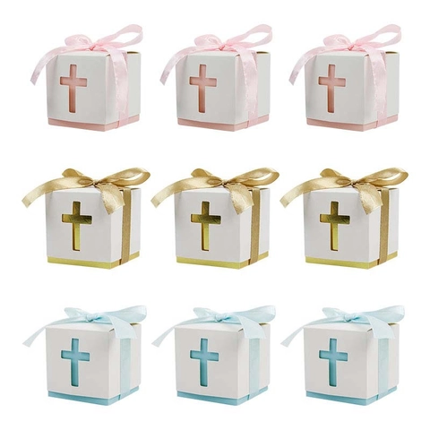 Scatole Bomboniere Croce Traforata Cartoncino Bianco Scatole Regalo Per Caramelle Con Nastro Di Raso Per Matrimonio Battesimo