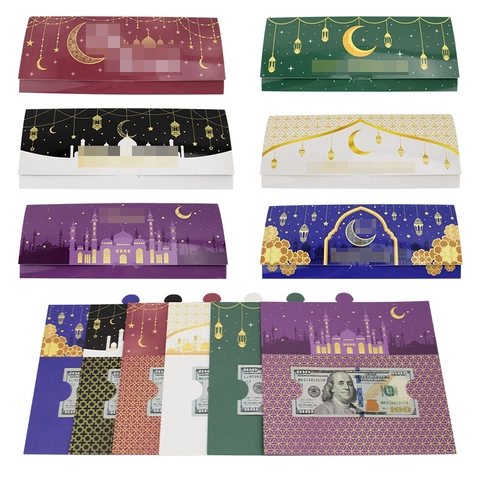 Eid Mubarak Ramadan Buste Porta Soldi Cartoncino Foglia d'Oro Moschea Luna Modello Regalo Card Pouch per Muslim Festival Festa