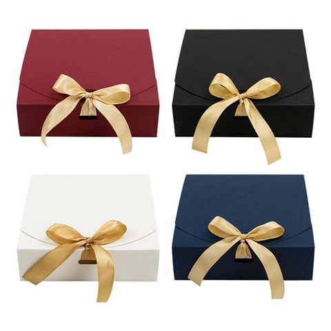 Square Pearlescent Paper Gift Box With Gold Satin Ribbon Bow Creative Wedding Favor Candy Box For Party Celebration Foldable Packaging Box