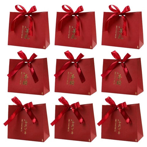 Chinese Style Wedding Candy Boxes Red Paper Gift Bags With Satin Bowknot Gold Stamping Double Happiness Celebration Favor Packaging