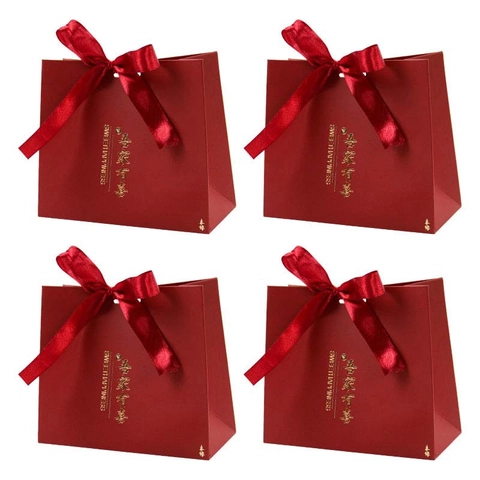Chinese Style Wedding Candy Boxes Red Paper Gift Bags With Satin Bowknot Gold Stamping Double Happiness Celebration Favor Packaging