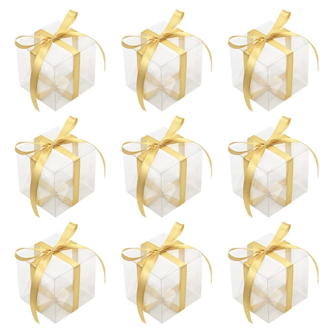 Klare PVC Quadratische Geschenkboxen Mit Gold Satin Bändern Für Hochzeit Party Gastgeschenke Süßigkeiten Verpackung Boxen
