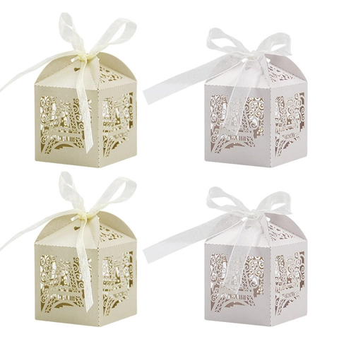 Scatola di Caramelle Svuotata Torre Eiffel Confezione Regalo in Carta Perlata Con Fiocco per Matrimonio Festa Taglio Laser Stile Europeo