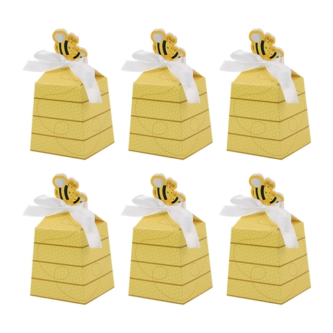 Cute Bee Themed Trapezoid Candy Box For Baby Shower Wedding Favors Honeycomb Pattern Cardboard Gift Box With White Satin Ribbon And Cartoon Bee Topper