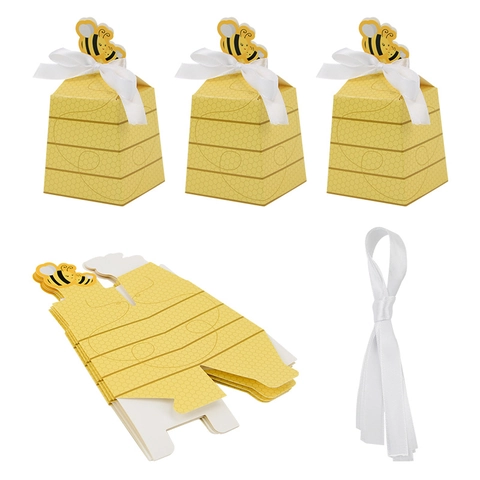 Cute Bee Themed Trapezoid Candy Box For Baby Shower Wedding Favors Honeycomb Pattern Cardboard Gift Box With White Satin Ribbon And Cartoon Bee Topper