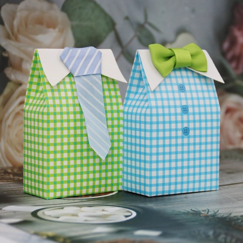 Kreative Hemdform Hartpapier Süßigkeitenbehälter Karo Geschenkverpackung Mit Stoff Krawatte Fliege Für Hochzeit Feier