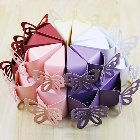 European Laser Cut Butterfly Wedding Candy Gift Box Artificial Pearl Paper Triangle Cake Shape Party Favor Box