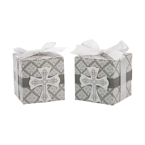 European Square Paper Candy Boxes Cross Decor Satin Ribbon Bow Damask Pattern For Wedding Christening Baptism Party Favor Gift Box