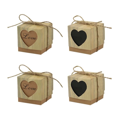 Vintage Wood Grain Kraft Paper Gift Box Hollow Heart Shape Love Print Candy Box With Hemp Rope Wedding Party Favor Box