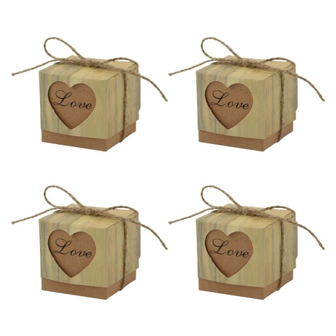 Vintage Wood Grain Kraft Paper Gift Box Hollow Heart Shape Love Print Candy Box With Hemp Rope Wedding Party Favor Box