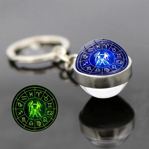 Luminoso Portachiavi 12 Costellazioni Lega Sfera Vetro Cielo Stellato Doppia Faccia Luccicante Per Donna Uomo Regalo
