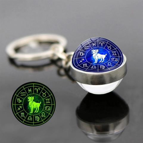 Luminoso Portachiavi 12 Costellazioni Lega Sfera Vetro Cielo Stellato Doppia Faccia Luccicante Per Donna Uomo Regalo
