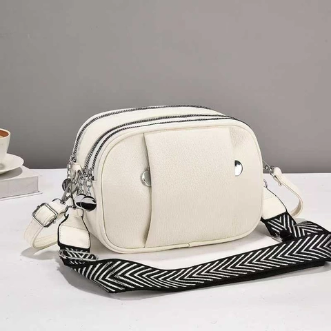 Women Crossbody Bag PU Leather Litchi Pattern Multiple Zipper Compartments Wide Geometric Strap Shoulder Camera Bag