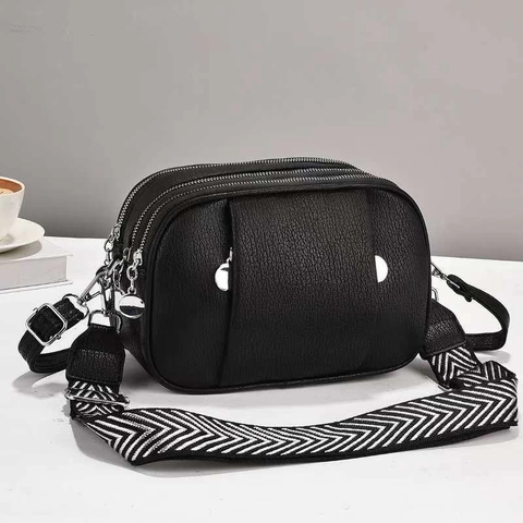 Women Crossbody Bag PU Leather Litchi Pattern Multiple Zipper Compartments Wide Geometric Strap Shoulder Camera Bag
