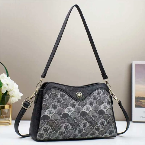 Women Shoulder Bag PU Leather Fabric Patchwork Color Block Fan Pattern Elegant Fashion Crossbody Handbag Large Capacity