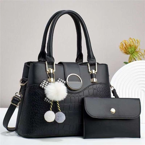 Women Crocodile Pattern PU Leather Handbag And Wallet Elegant Crossbody Tote Bag With Plush Ball Charm Ribbon