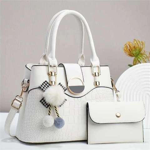 Women Crocodile Pattern PU Leather Handbag And Wallet Elegant Crossbody Tote Bag With Plush Ball Charm Ribbon