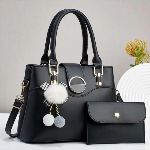 Bolso De Mano Y Cartera Para Mujer Cuero PU Cinta De Pata De Gallo Pompón Moda Hombro Bandolera Elegante Diario Oficina