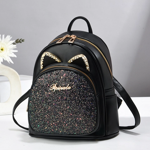 Zaino Mini in Pelle PU Moda Donna Con Orecchie di Gatto in Strass Carine Tasca Frontale con Paillettes Glitterate Piccola Borsa da Viaggio Ragazze