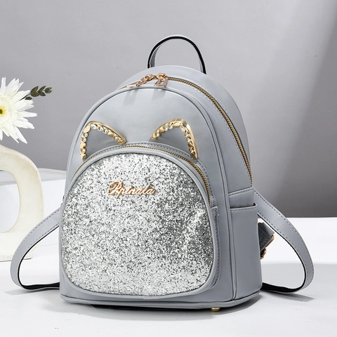 Zaino Mini in Pelle PU Moda Donna Con Orecchie di Gatto in Strass Carine Tasca Frontale con Paillettes Glitterate Piccola Borsa da Viaggio Ragazze