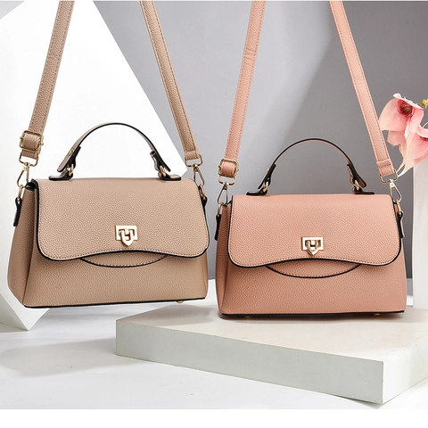 Women Shoulder Crossbody Bag PU Leather Lychee Texture Gold Metal Lock Flap Top Handle Commuter Fashion